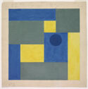 An abstract geometric design in blue yellow and gray