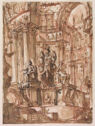
A red chalk and brown ink drawing of ancient Roman-style architecture with statues of three figures in the center. 