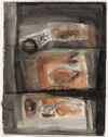 A watercolor, crayon and black ink drawing of vaguely defined shapes in three segments on cream colored paper.