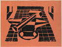 A hand printed woodcut image of a hammer and anvil