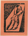 A hand printed woodcut image of a man with his arms tied behind his back