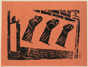 A hand printed woodcut image of three women walking down a street, each carrying a baby on their back