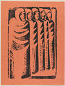 A hand printed woodcut image of five women standing in line