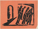 A hand printed woodcut image of a group of figures exiting a building