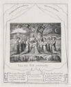 A woman and man seated beneath a tree surrounded by their family and a flock of sheep