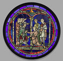 Circular stained-glass window showing two groups of figures facing each other