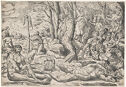 Drawing of crowd of figures being attacked by snakes in the woods