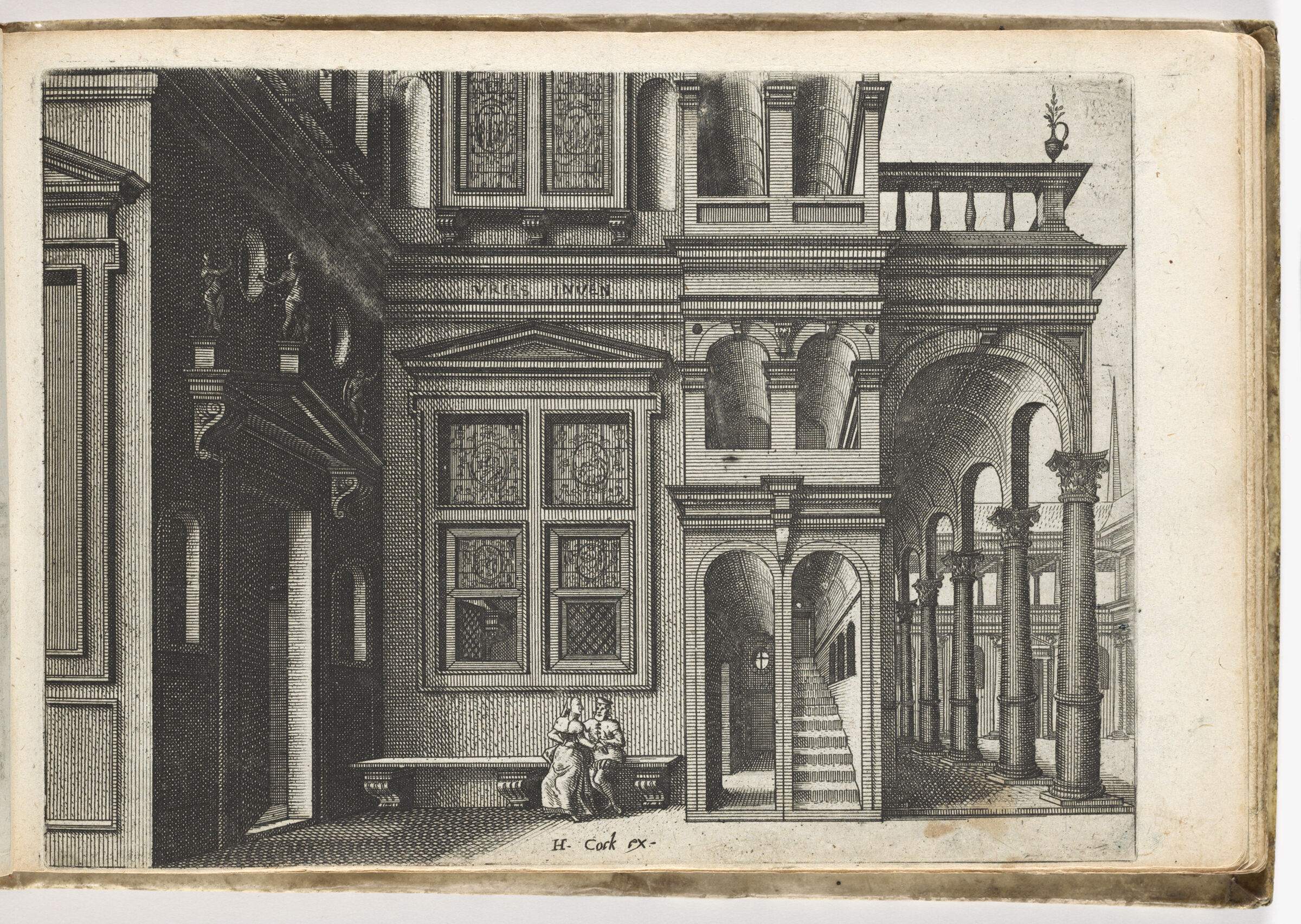 View Of The Inner Courtyard Of A House With A Couple On A Bench (N.h.)