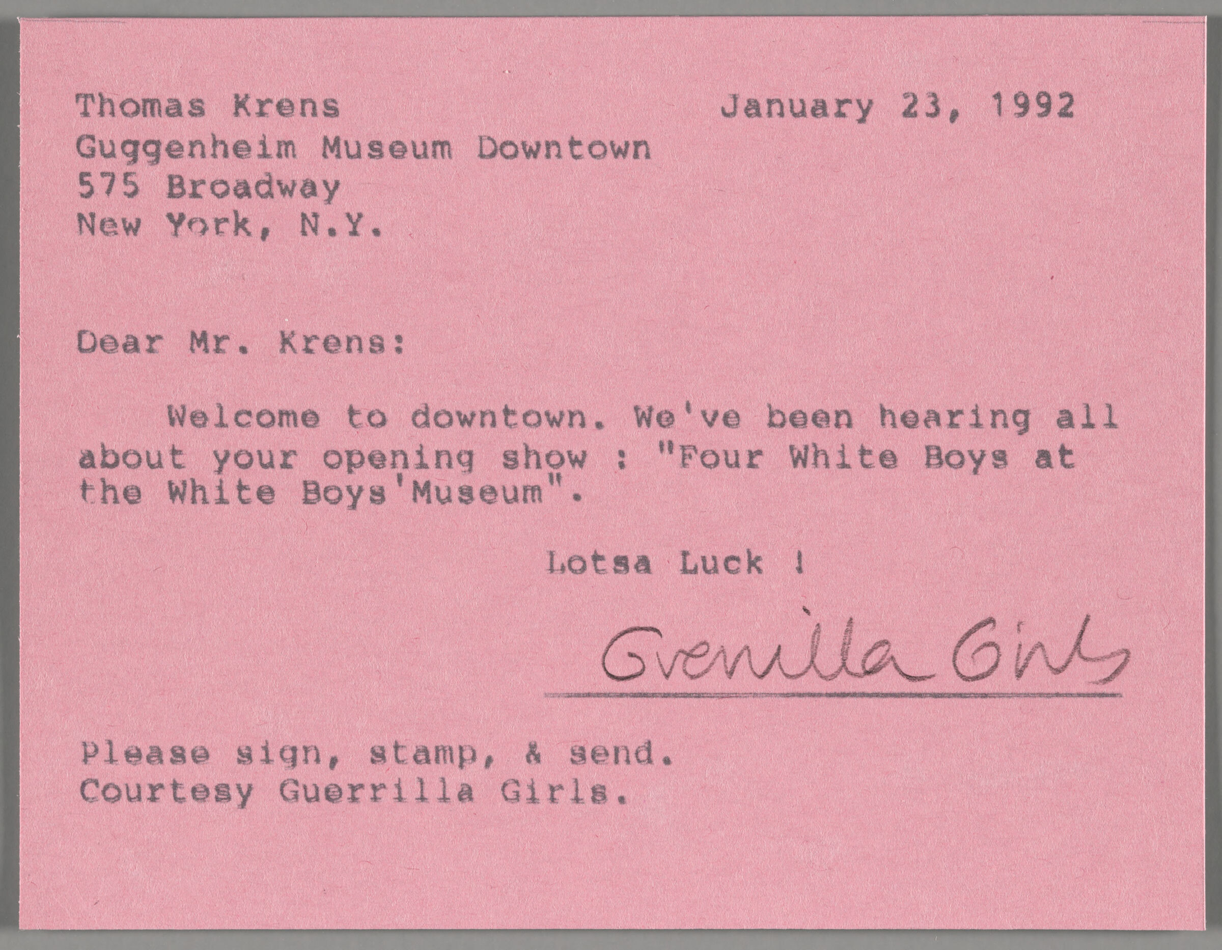 Dear Mr. Krens Postcard From The Guerrilla Girls’