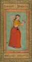 An ink and opaque watercolor painting of a standing woman wearing a long red skirt, a cropped yellow shirt, and an orange veil behind her head. She holds her two hands up by her face. The background is turquoise and she is framed by red and green frames that have gold floral patterns on them. There is written script above and below the woman.