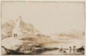 A landscape drawing with figures on a path along a shore with a mountain and structures in the distance. 