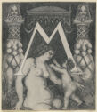 A large letter M interposed among a nude woman and cherub, flanked by two fertility goddess statues.