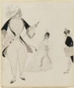  Ink and wash drawing of three elaborately dressed figures.
