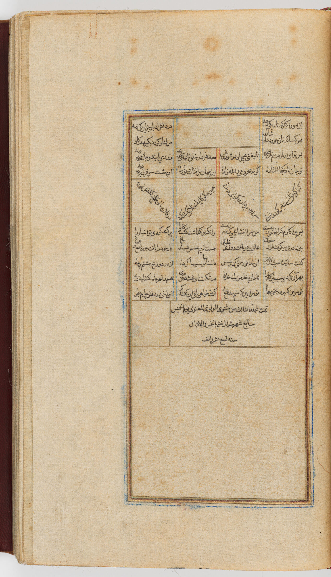Colophon Of The Third Section (Colophon Recto; Blank Verso Of Folio 144), From A Manuscript Of The Mathnavi Ma‘navi By Maulana Jalal Al-Din Rumi