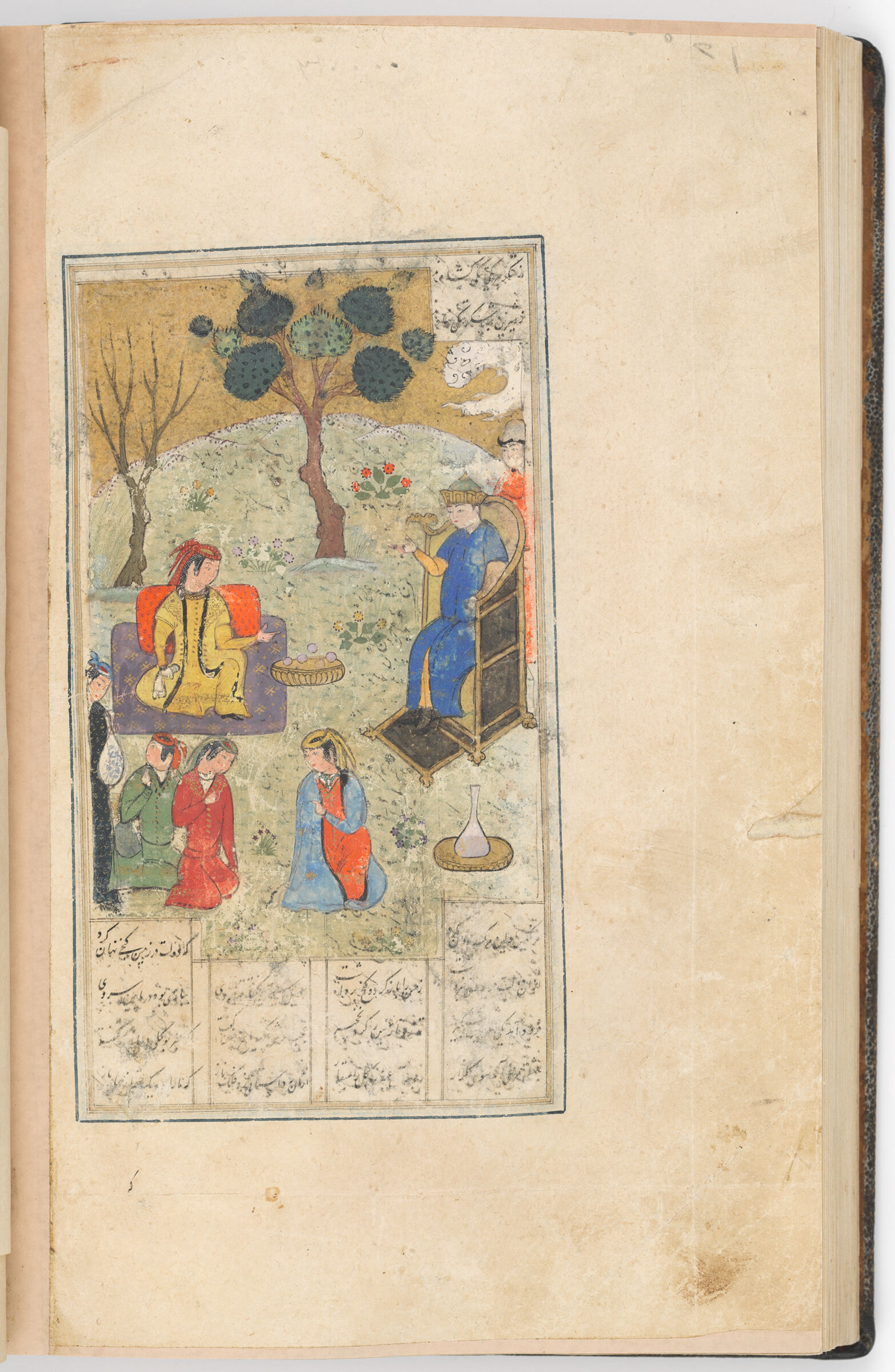 Khusraw, Shirin, Shapur And The Girls Telling Stories (Text Recto; Painting Verso Of Folio 165), Painting From A Manuscript Of The Khamsa By Nizami
