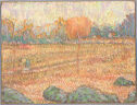 A pastel drawing depicting a landscape with a solitary figure. 