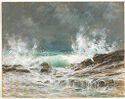 Seascape drawing of a wave crashing on rocks with a stormy sky.