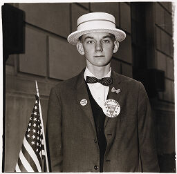Patriotic Boy With Straw Hat, Buttons, And Flag, Waiting To March In A Pro-War Parade, Nyc 1967