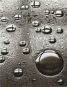 Closeup in black and white of large and small droplets on a metal surface
