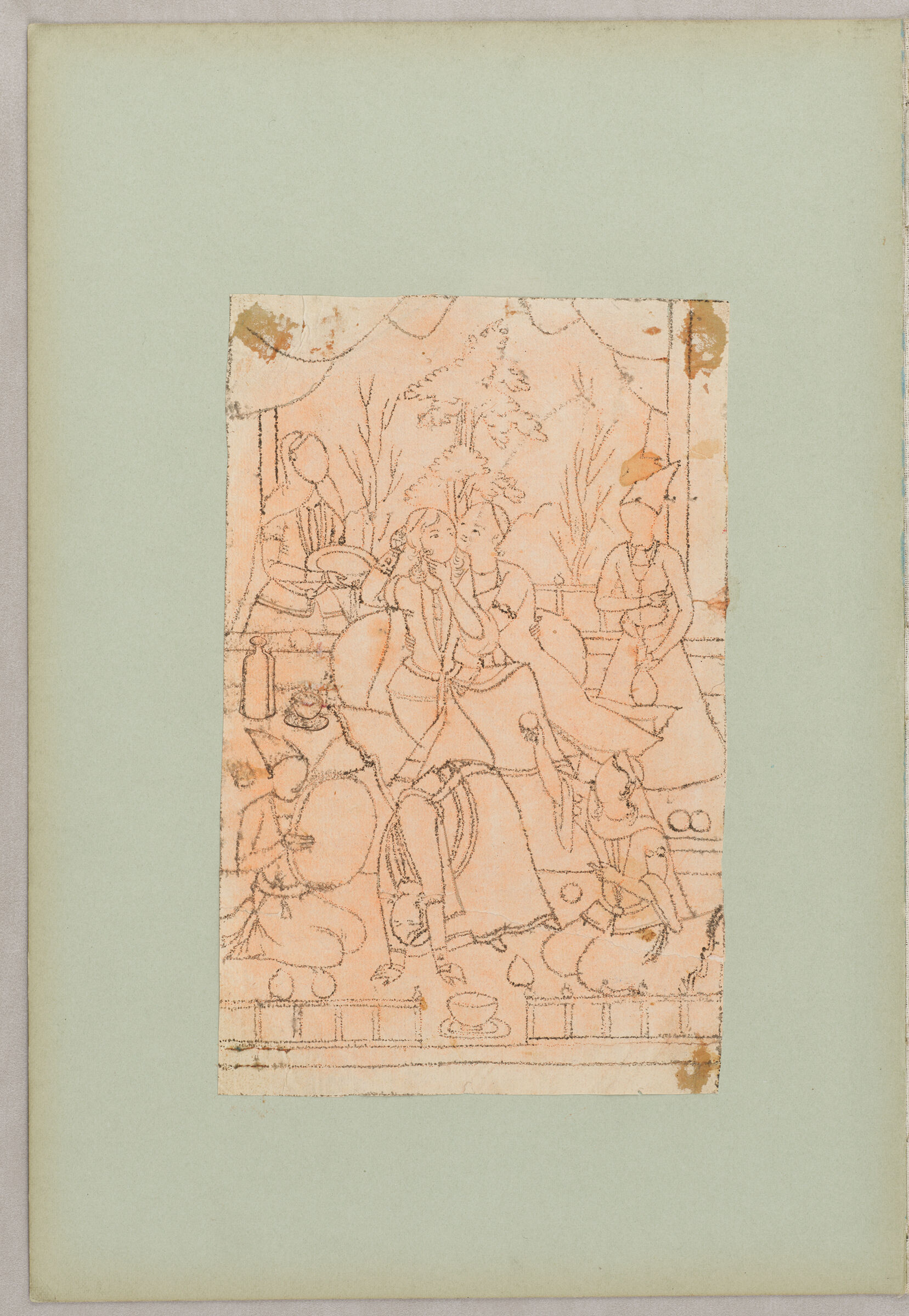 Folio 7 From An Album Of Artists' Drawings From Qajar Iran: Embracing Couple On Terrace, Attended By Servants, Dancers, And Musicians (Recto); Standing Woman With Headscarf (Verso)