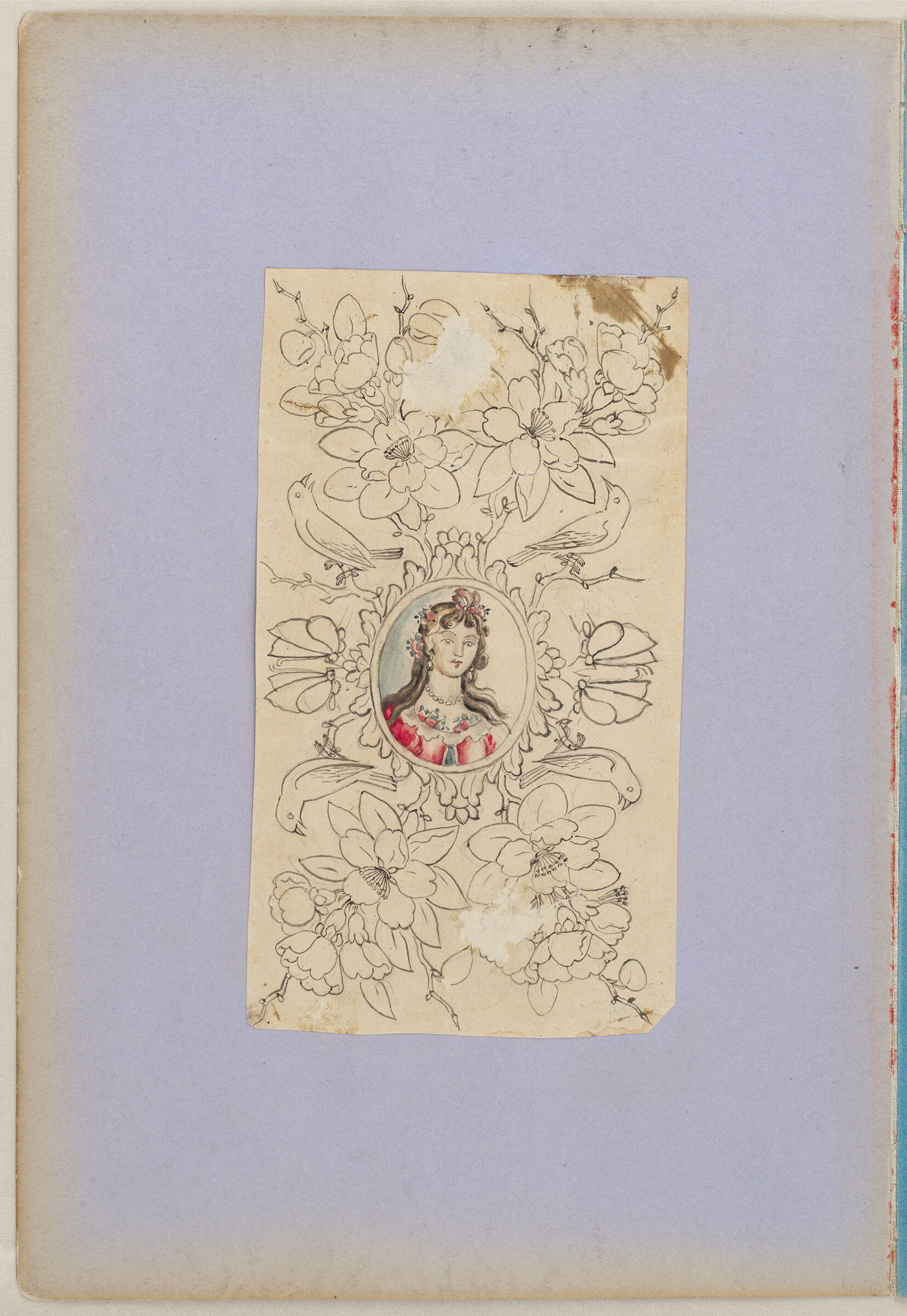 Folio 3 From An Album Of Artists' Drawings From Qajar Iran: Medallion With Portrait Bust Of A European Woman, Enclosed In Symmetrical Composition Of Scrollwork, Birds, Flowers, And Butterflies 
 (Recto); Hunter With Falcon, Hound, And Rifle (Verso)
