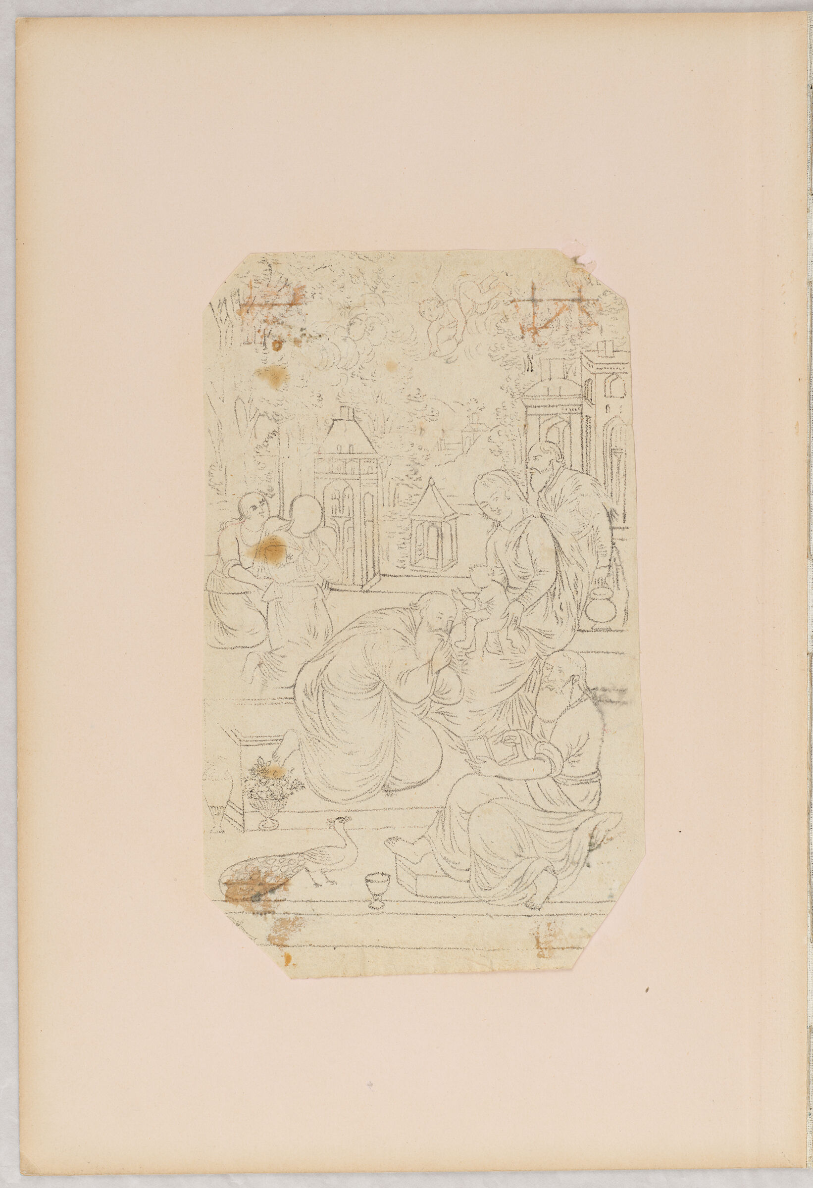 Folio 6 From An Album Of Artists' Drawings From Qajar Iran: Virgin And Child With Elderly Men And Attendants (Recto); Amorous Couple With Attendants, Baby, Rabbits, And Birds (Verso)