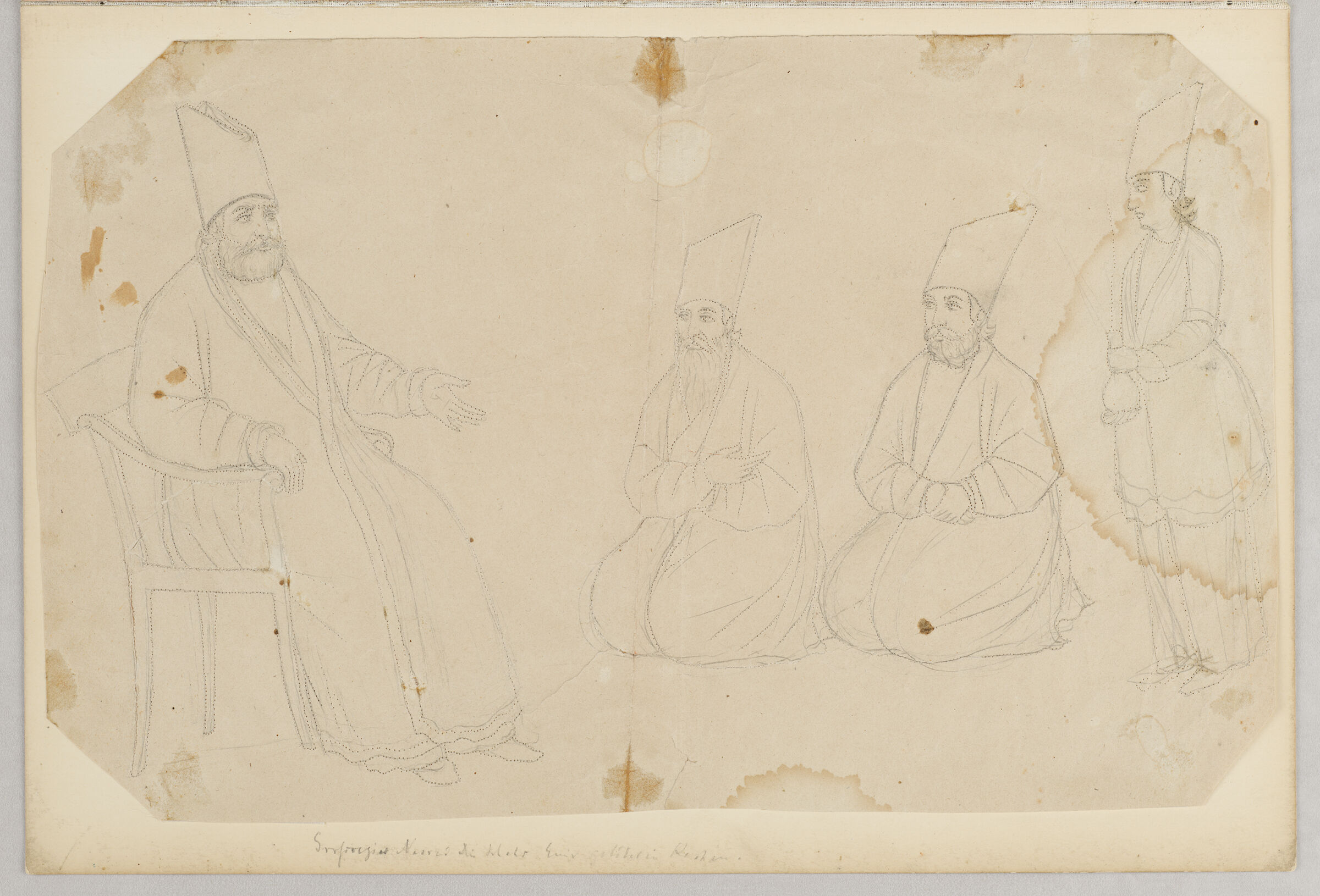 Folio 9 From An Album Of Drawings And Paintings: Amir Kabir In Audience With Kneeling Courtiers (Recto); Blank Page (Verso)