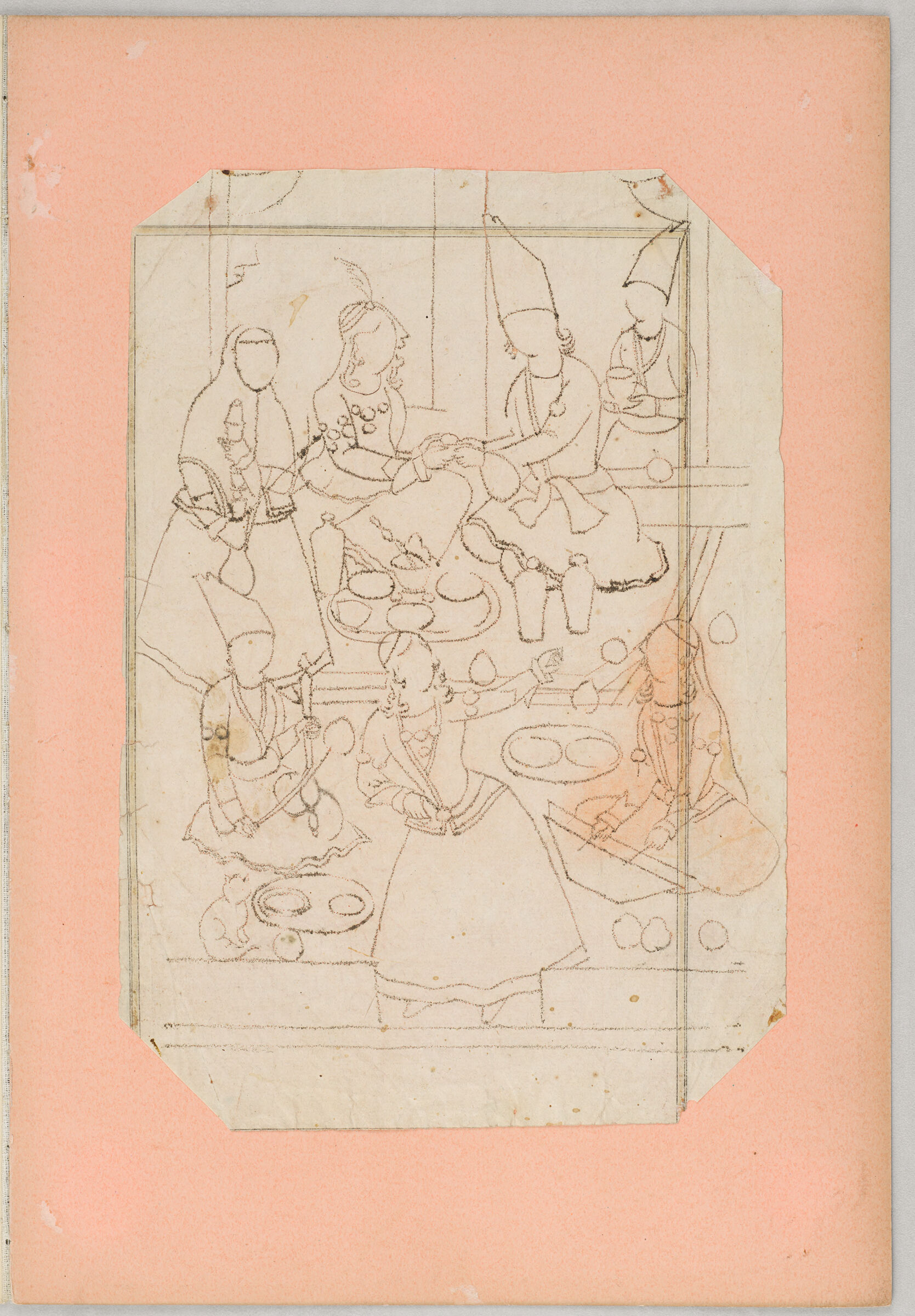 Folio 10 From An Album Of Artists' Drawings From Qajar Iran: Hero On Horseback Fighting A Dragon (Recto); Couple Entertained On A Terrace By Musicians And Dancers (Verso)