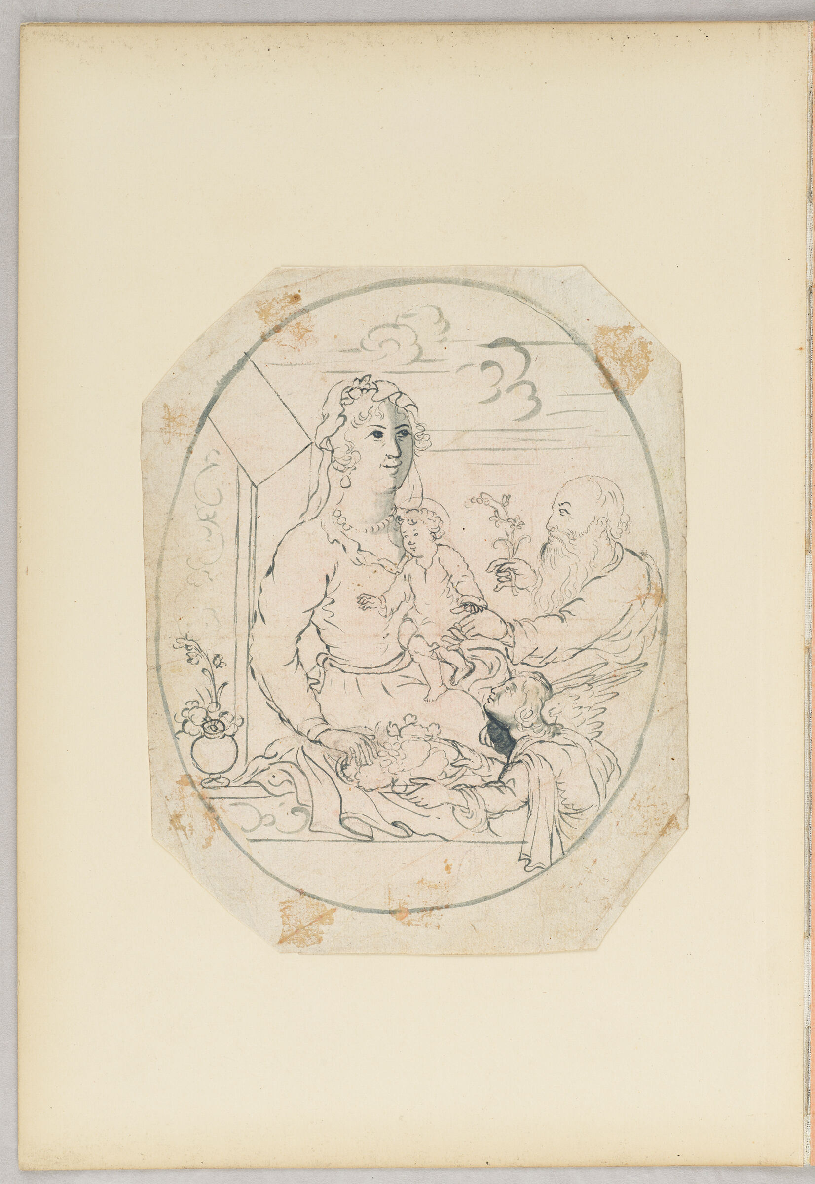 Folio 20 From An Album Of Drawings And Paintings: Holy Family With Winged Angel In Oval Frame (Recto); Three Drawings Of Figures In European Dress (Verso)