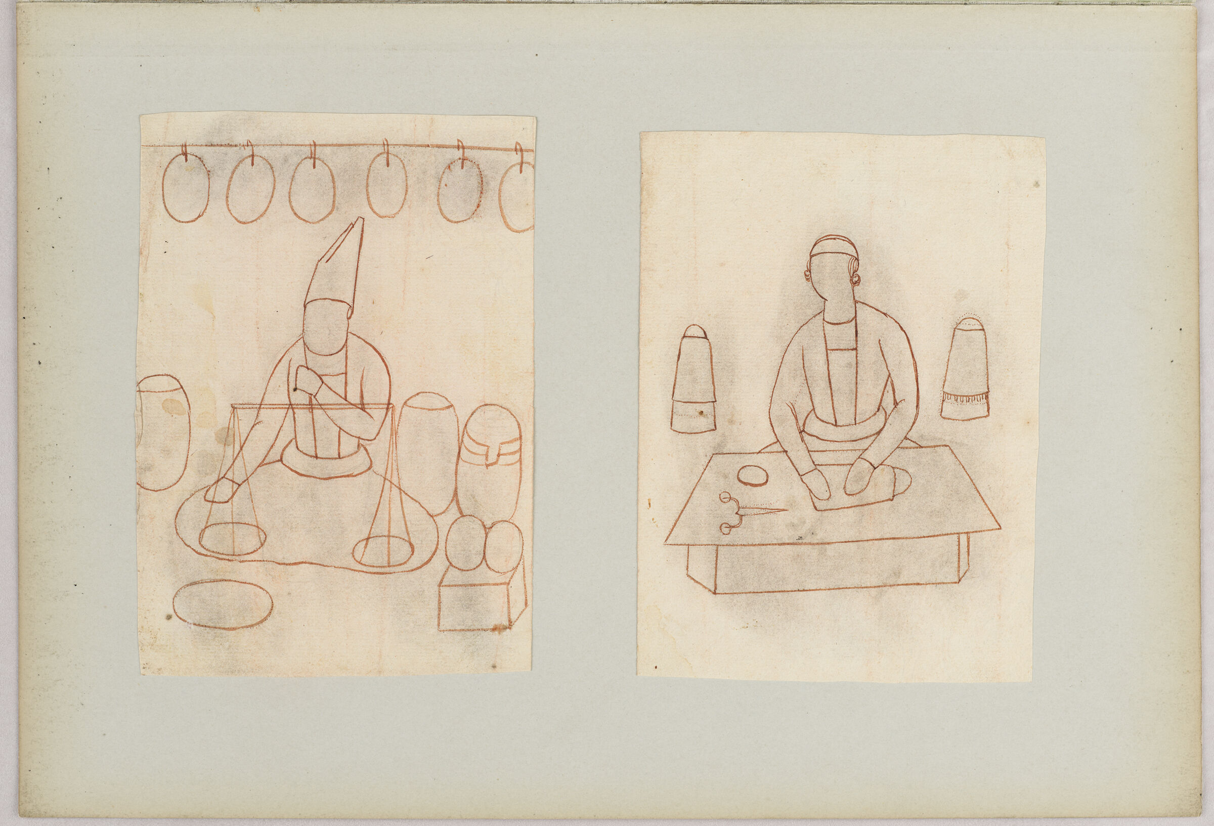 Folio 14 From An Album Of Drawings And Paintings: Two Drawings Of Workmen: Vendor And Hat Maker (Recto); Blank Page (Verso)