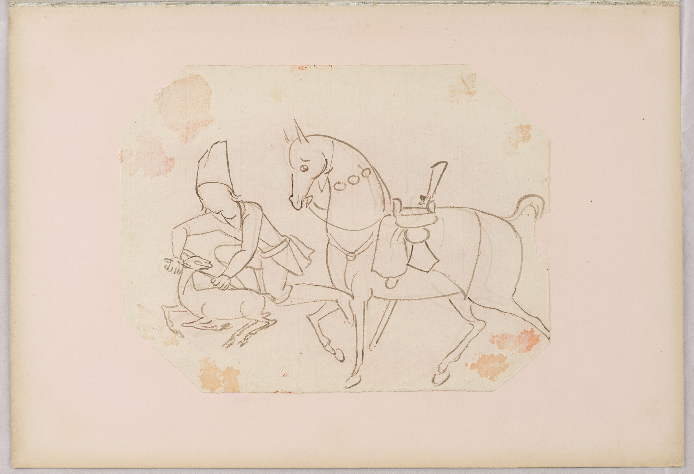 Folio 12 From An Album Of Drawings And Paintings: Hunter Dismounted From Horse, Killing A Deer (Recto); Blank Page (Verso)