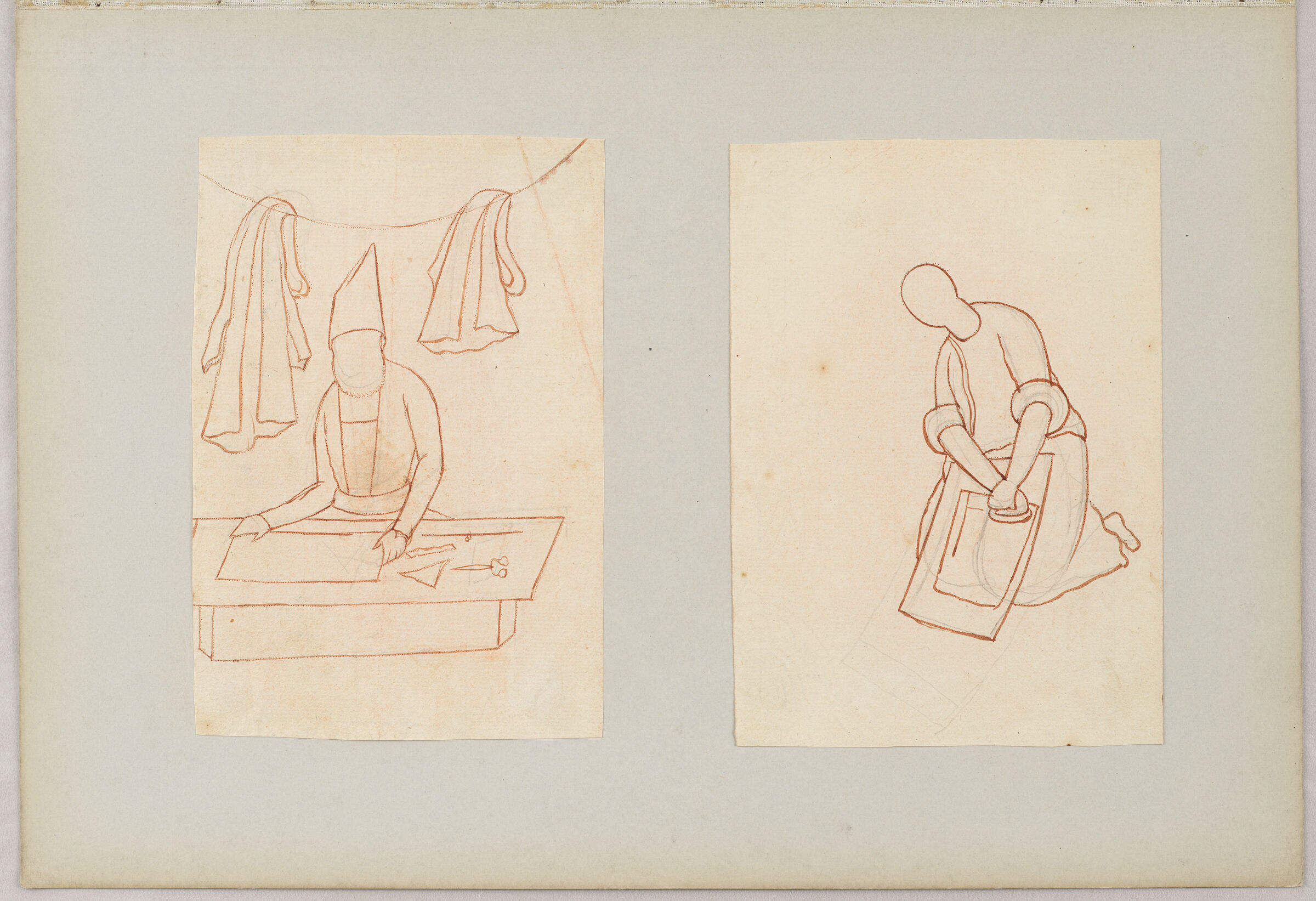 Folio 15 From An Album Of Drawings And Paintings: Two Drawings Of Workmen: Tailor And Man With Washboard (Recto); Blank Page (Verso)