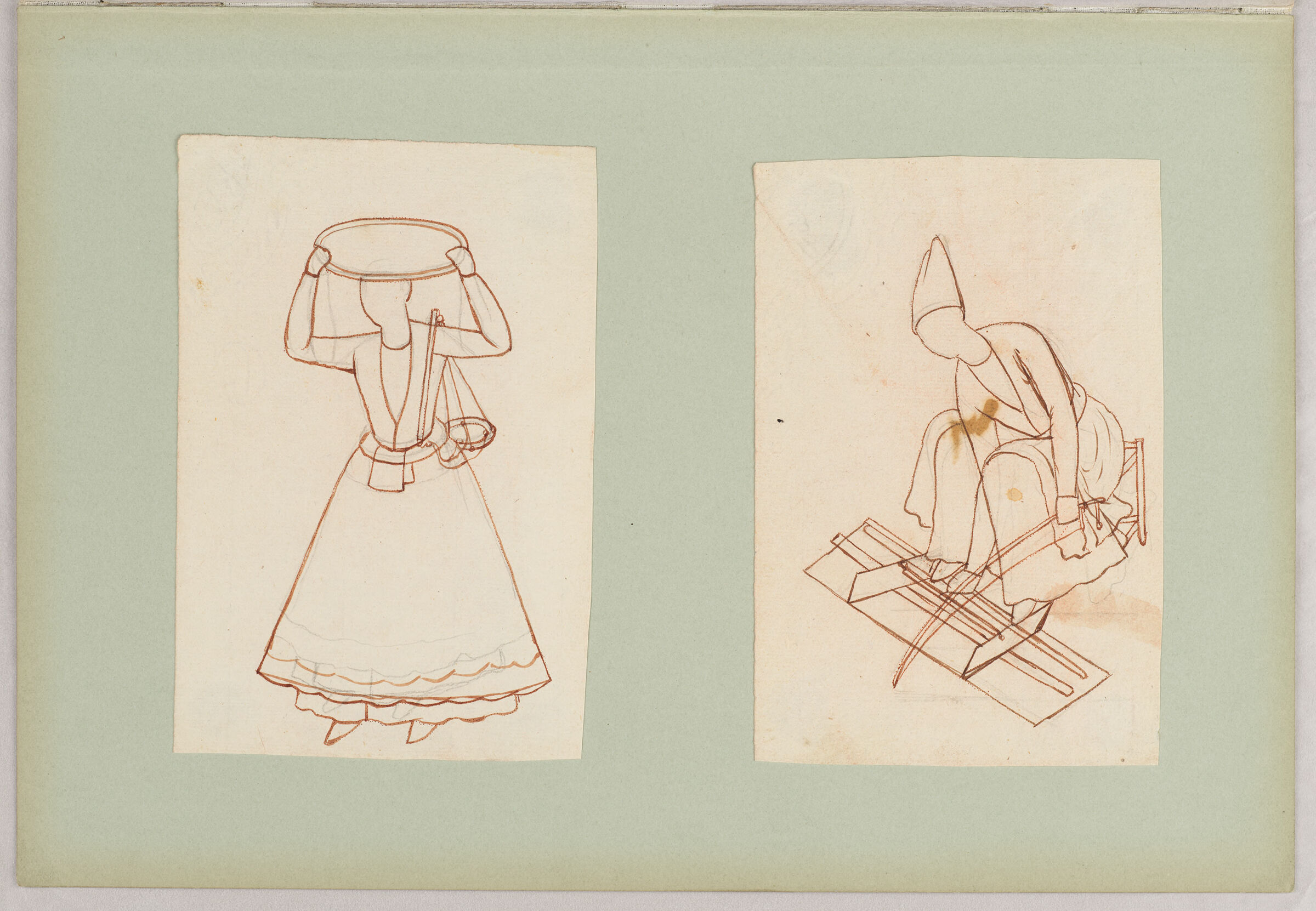 Folio 16 From An Album Of Drawings And Paintings: Two Drawings Of Workmen: Snack Vendor And Lathe-Turner (Recto); Blank Page (Verso)