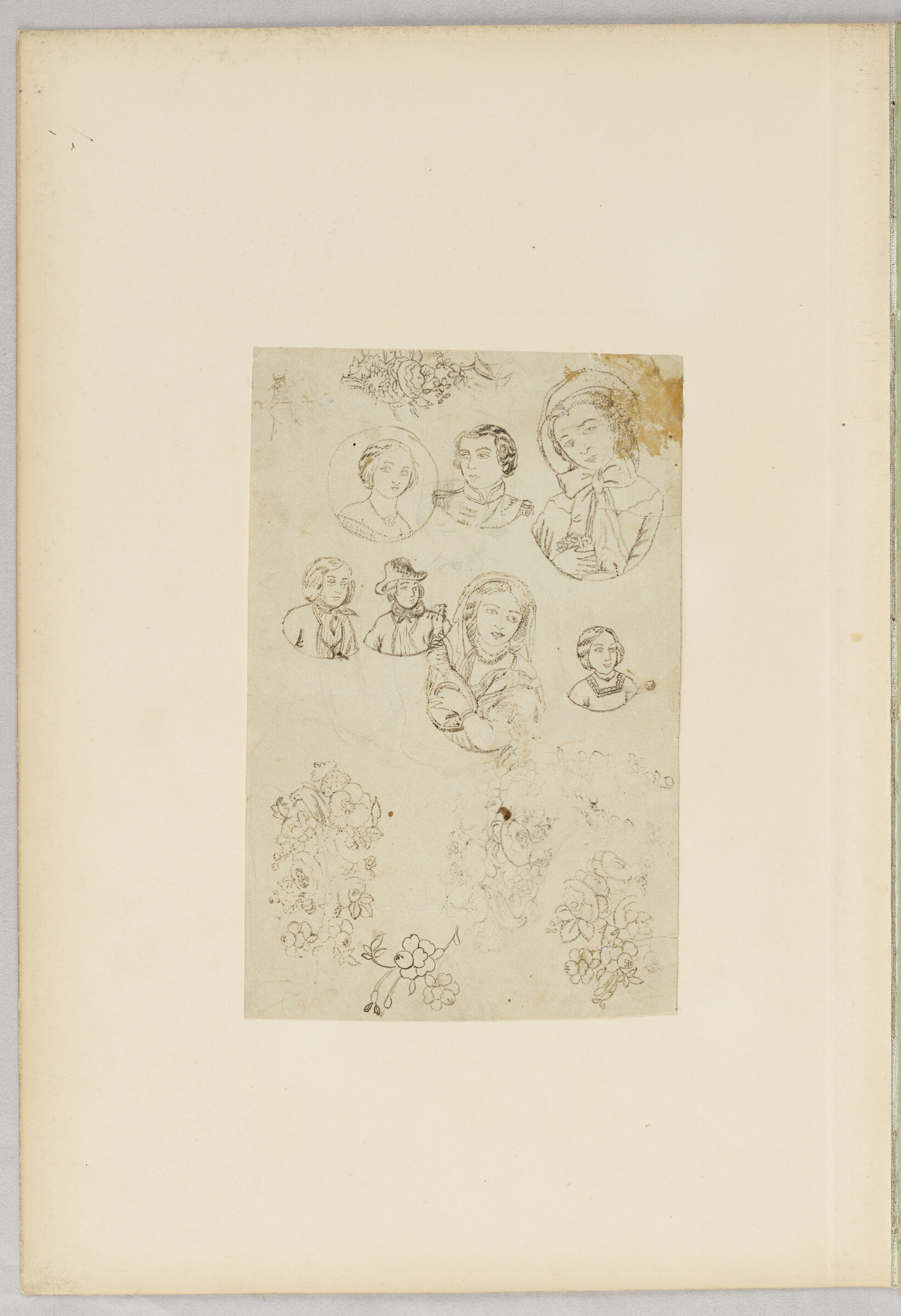 Folio 22 From An Album Of Drawings And Paintings: Sheet Of Portrait Sketches And Flowers (Recto); Two Sheets: Dog And Decorative Frames; Kneeling Couple And Mixed Bouquet (Verso)
