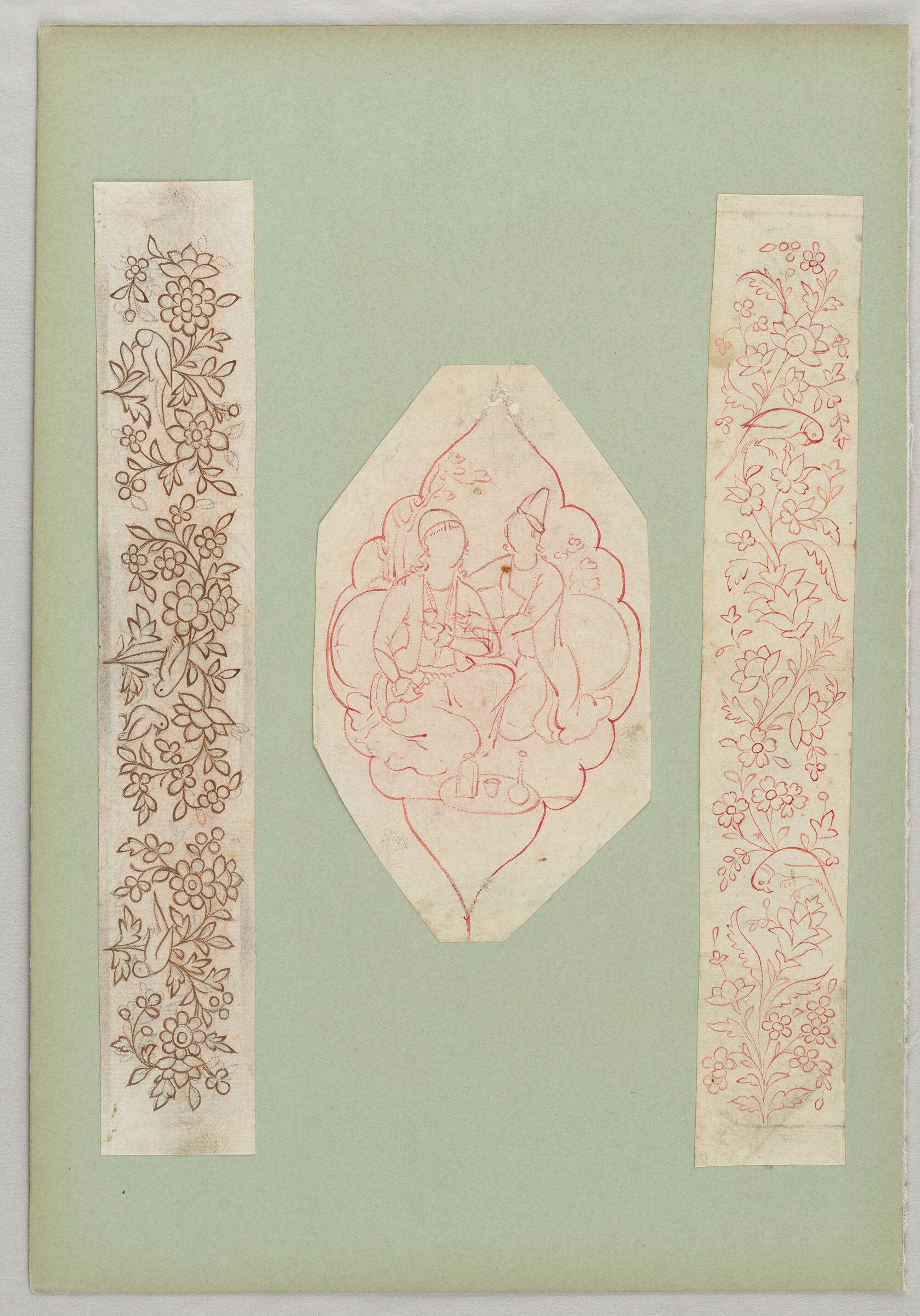 Folio 23 From An Album Of Drawings And Paintings: Three Sheets: Bird And Flower Designs For A Penbox; Polylobed Cartouche Enclosing Couple (Recto); Blank Page (Verso)