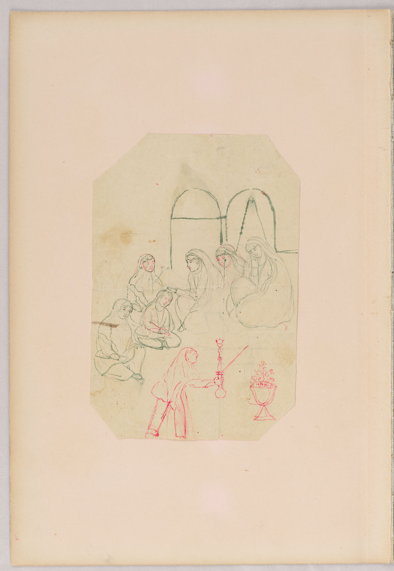 Folio 28 From An Album Of Drawings And Paintings: Domestic Scene With Women And Child (Recto); Three Sheets: Female Musician Playing Bowed Instrument; Embracing Couple; Man Hawking On Horseback (Verso)