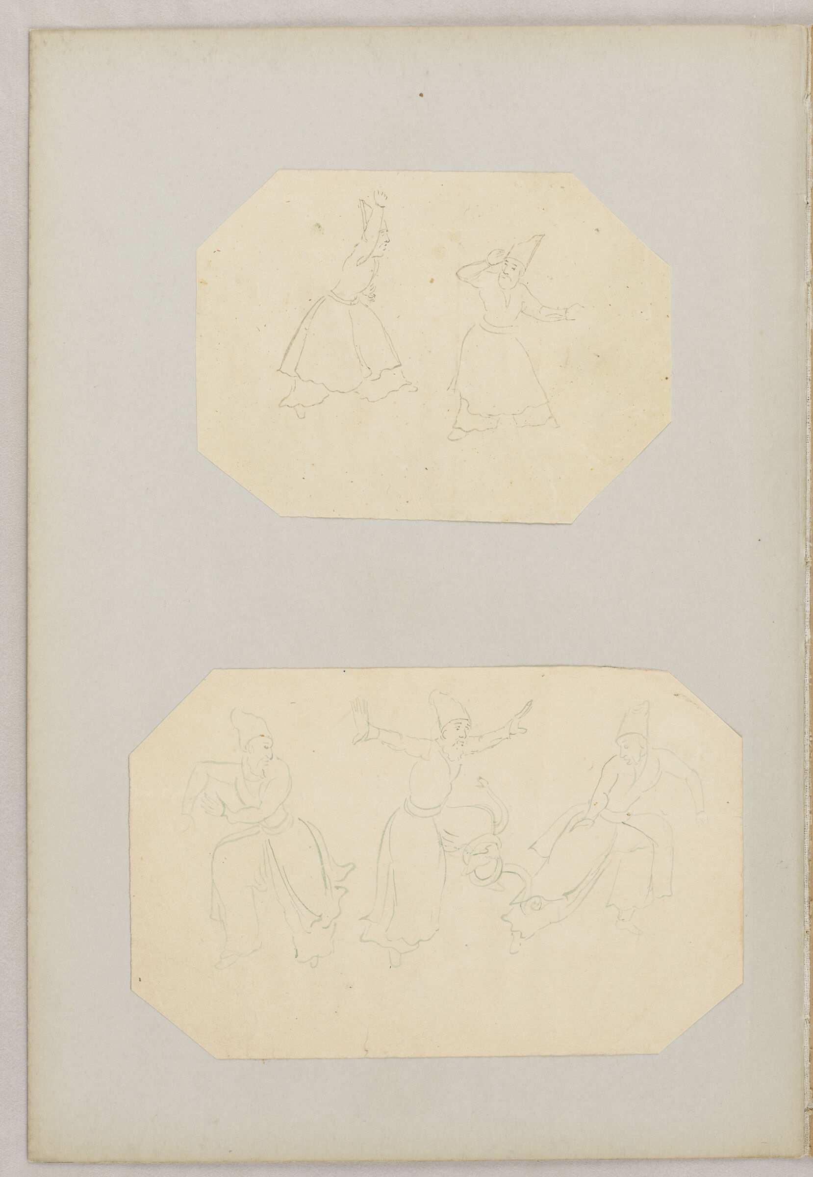 Folio 26 From An Album Of Drawings And Paintings: Two Sheets: Pair Of Dervishes; Three Dervishes With Snake  (Recto); Blank Page (Verso)