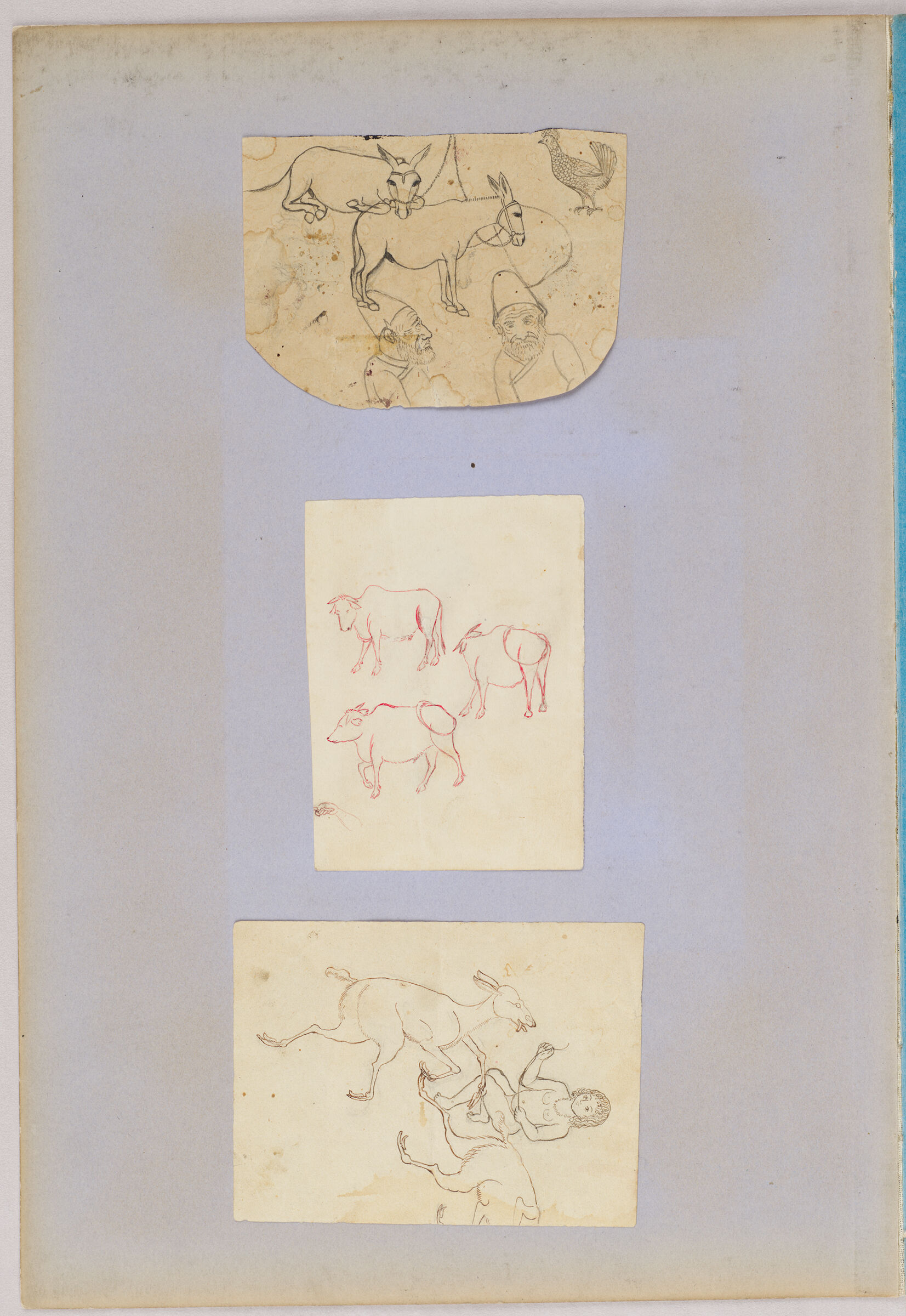 Folio 34 From An Album Of Drawings And Paintings: Three Sheets With Sketches Of People And Animals (Recto); Lion Attacking A Cow, Framed By Colored Paper Borders (Verso)