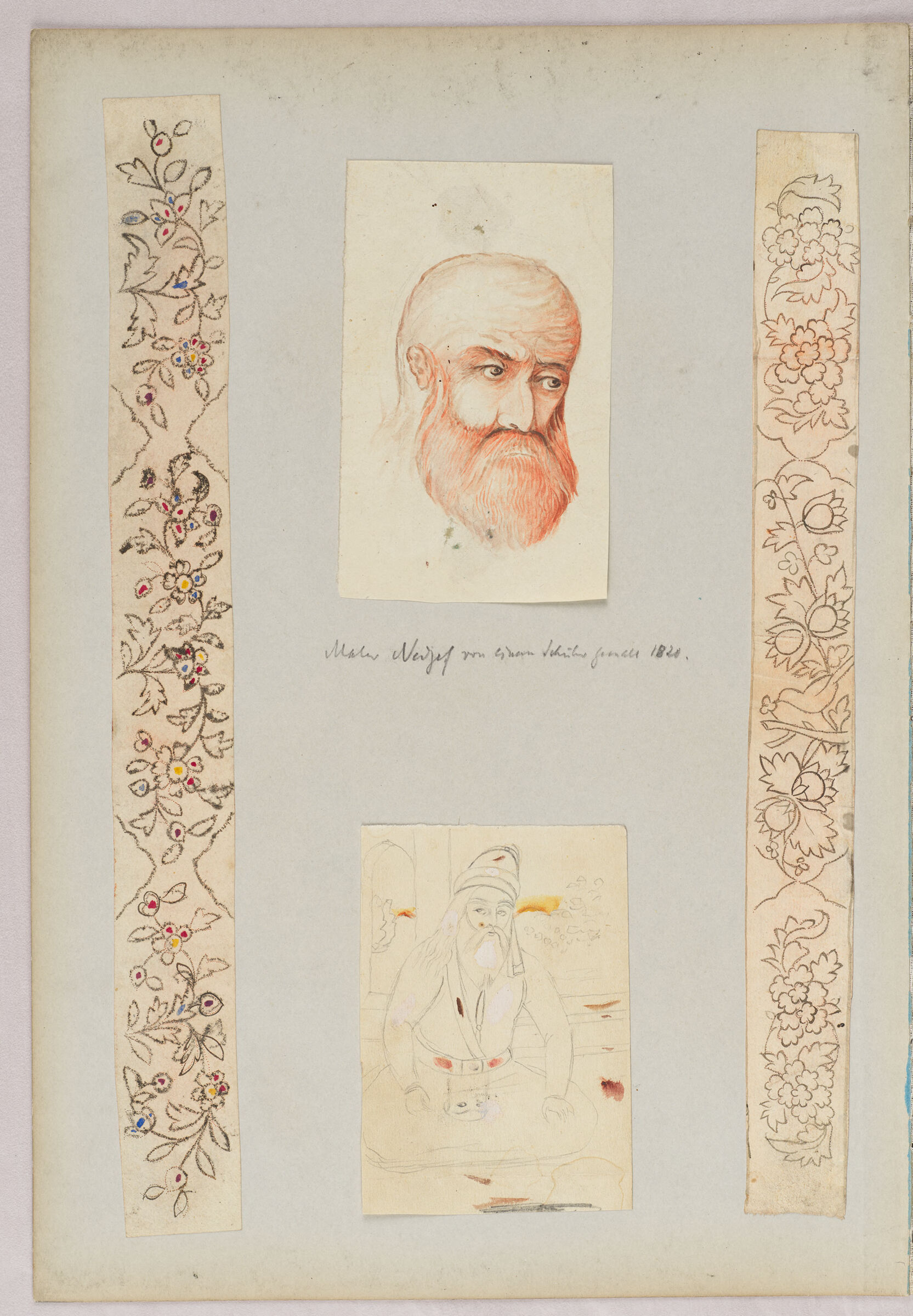 Folio 36 From An Album Of Drawings And Paintings: Four Drawings; Two Designs For Penboxes; Head Of A Bearded Man; Seated Dervish (Recto); Blank Page (Verso)