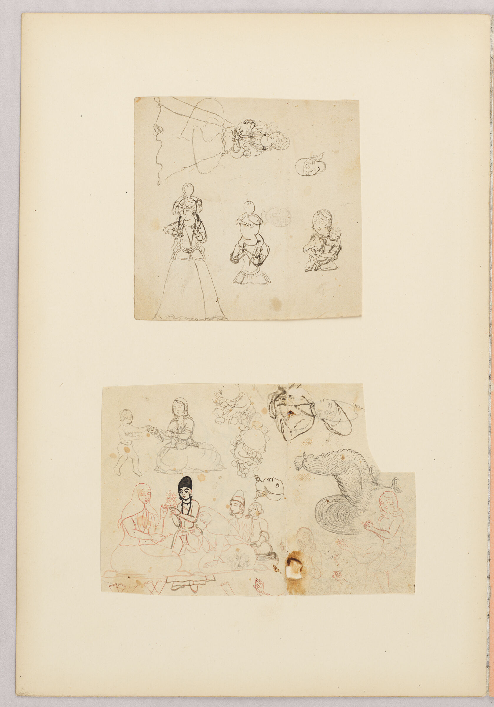 Folio 37 From An Album Of Drawings And Paintings: Two Sheets With Sketches Of People, Animals, And Bird And Flower Motifs (Recto); Blank Page (Verso)