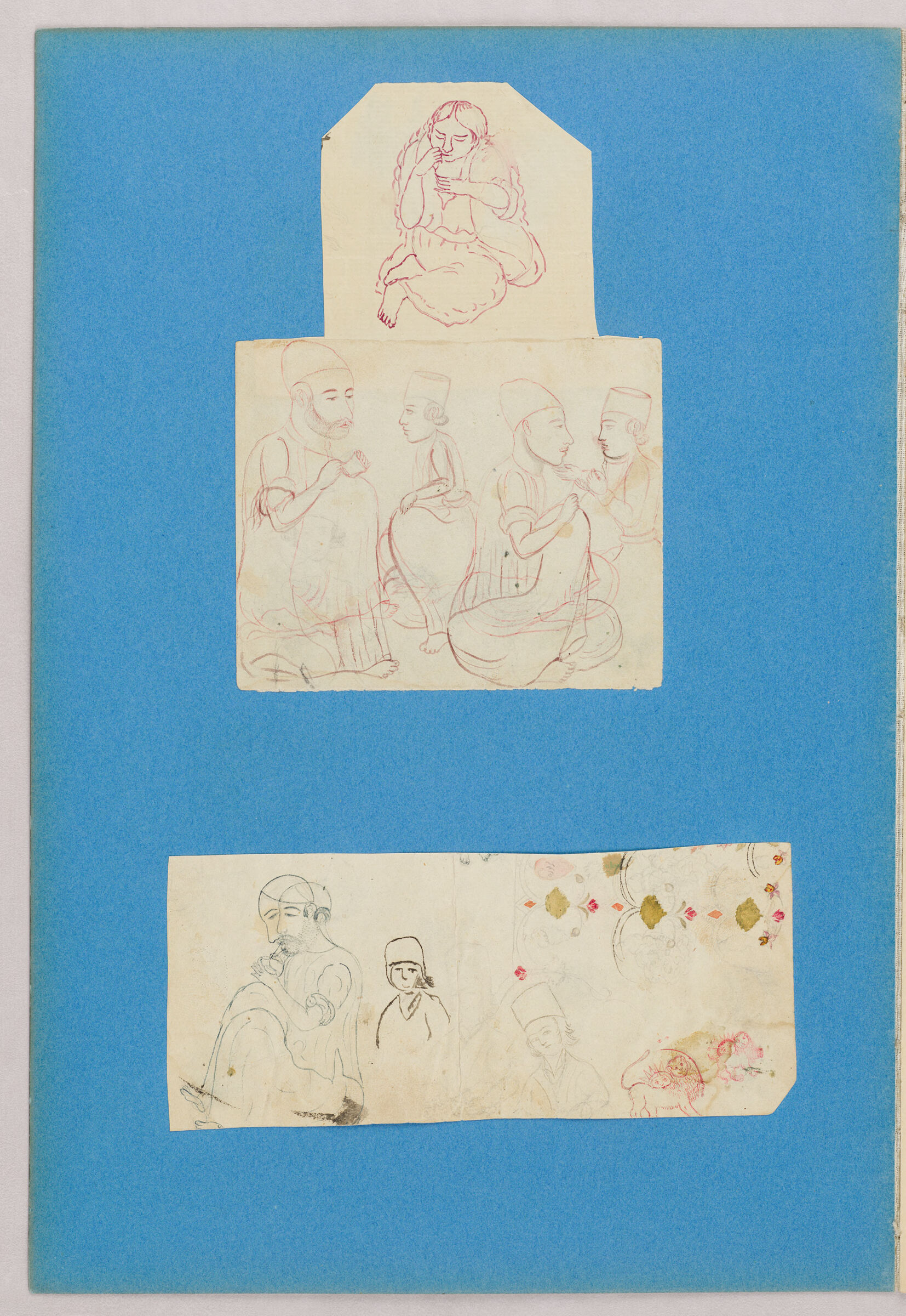 Folio 38 From An Album Of Drawings And Paintings: Three Sheets With Sketches Of People, And Sun And Lion Motifs (Recto); Blank Page (Verso)