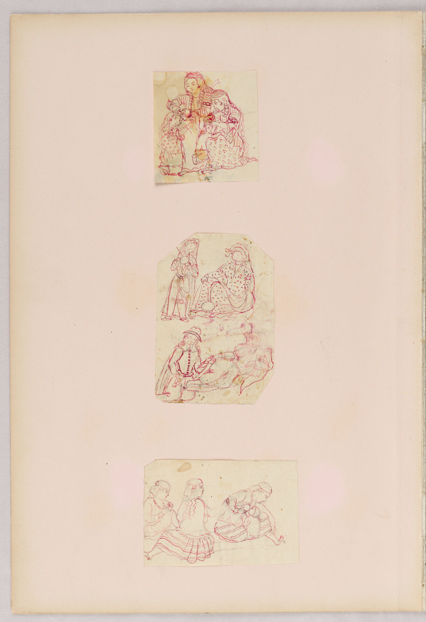 Folio 39 From An Album Of Drawings And Paintings: Three Sheets: Women Delousing Children; Women With European Man; Women With Nursing Child (Recto); Fingernail Drawing: Child In Classical Garb (Verso)