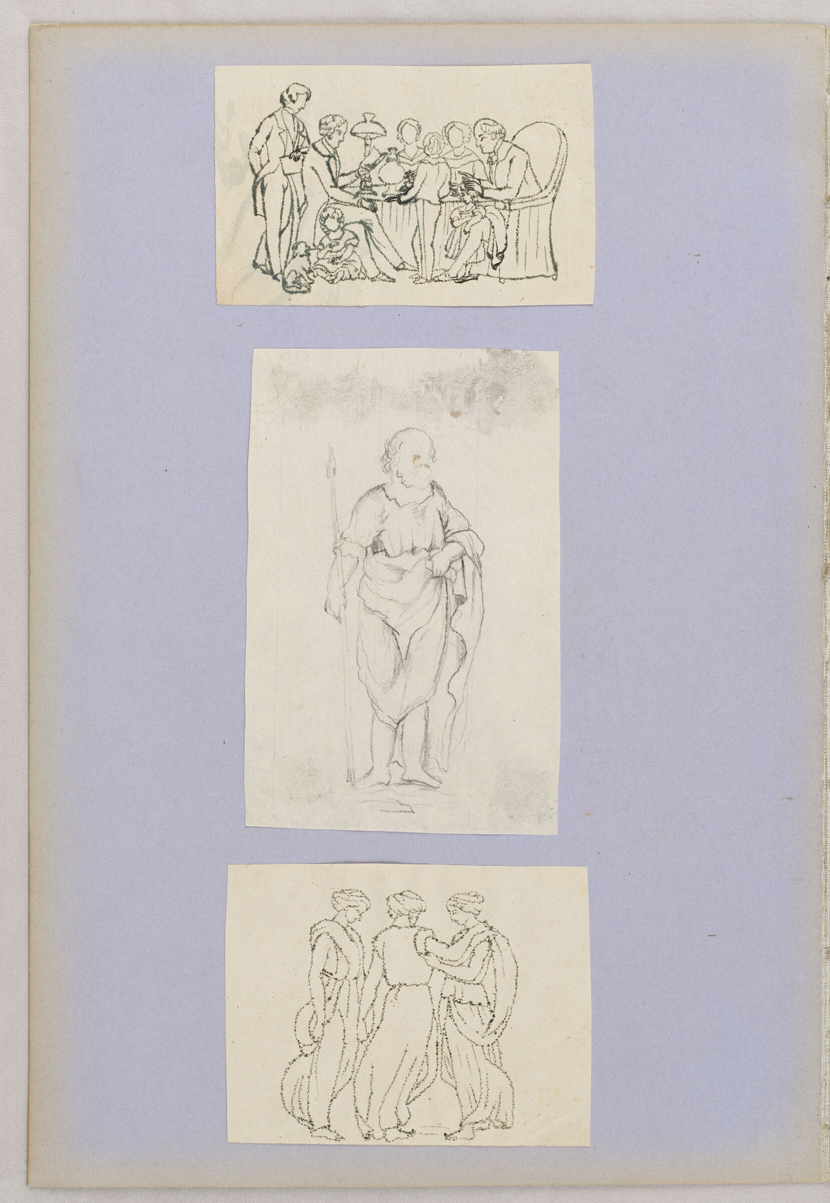 Folio 44 From An Album Of Drawings And Paintings: Three Sheets: European Family Gathered Around A Table; Bearded Man In Semi-Classical Garb; Three Graces (Recto); Blank Page (Verso)