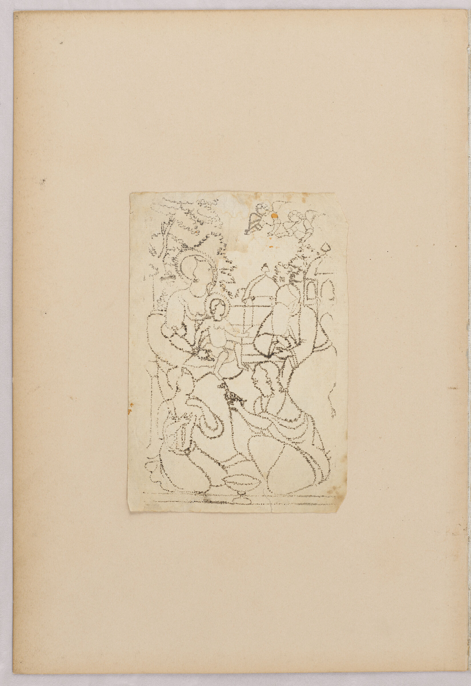 Folio 42 From An Album Of Artists' Drawings From Qajar Iran: Virgin And Child With Attendants (Recto); Three Sheets Framed By Colored Paper Borders: Bust-Length Portrait Of Men And Women (Verso)