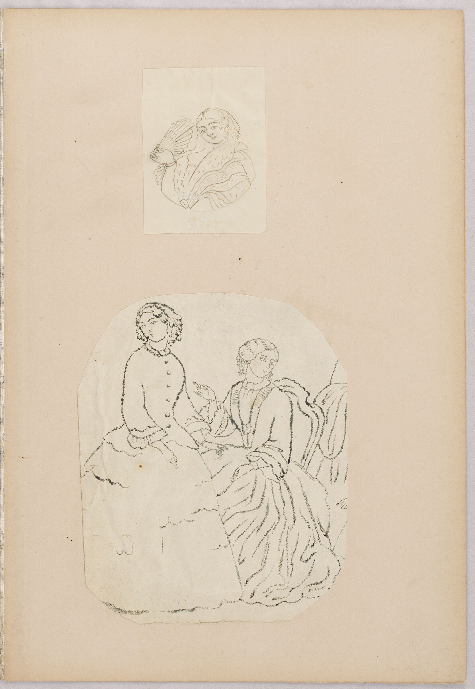 Folio 43 From An Album Of Drawings And Paintings: Two Sheets: Feline; Quails (Recto); Two Drawings: Woman With Fan; Two Women In European Dress  (Verso)