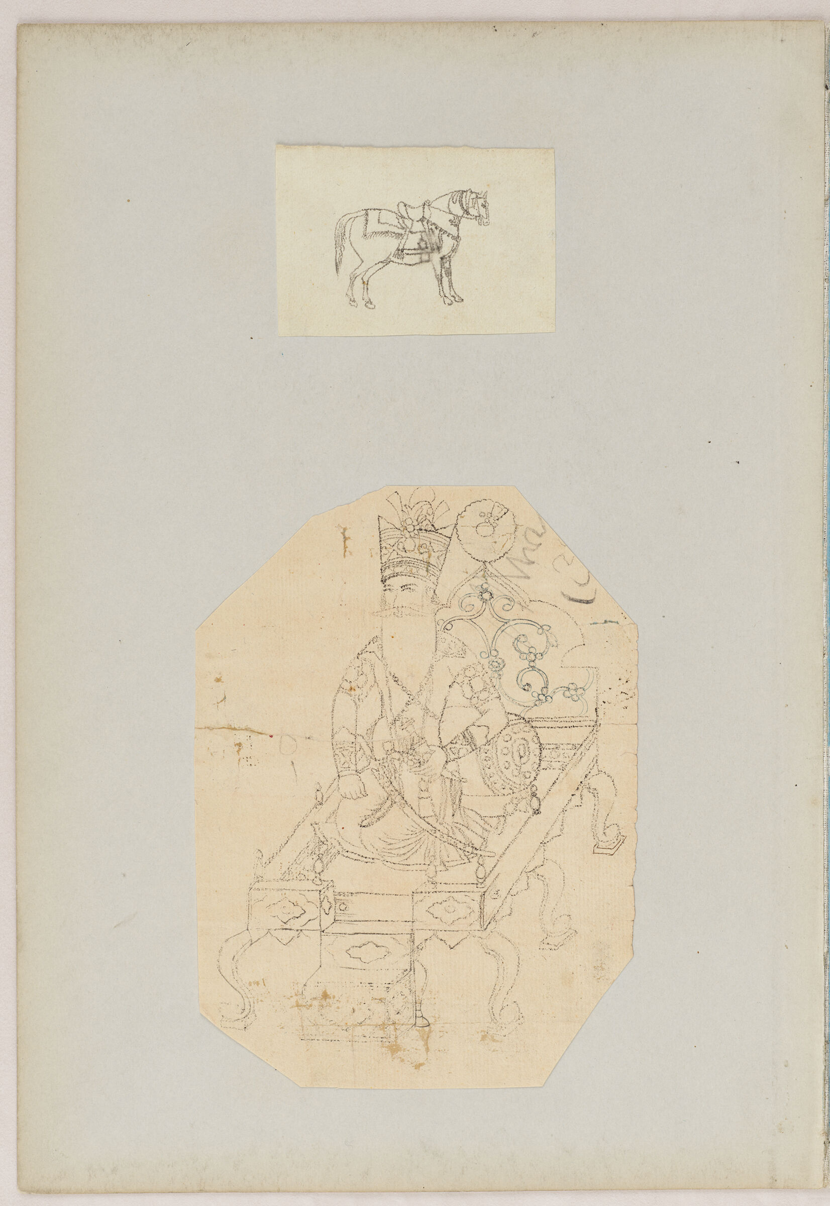 Folio 46 From An Album Of Drawings And Paintings:two Sheets: Horse; Fath Ali Shah Qajar Enthroned (Recto); Blank Page (Verso)