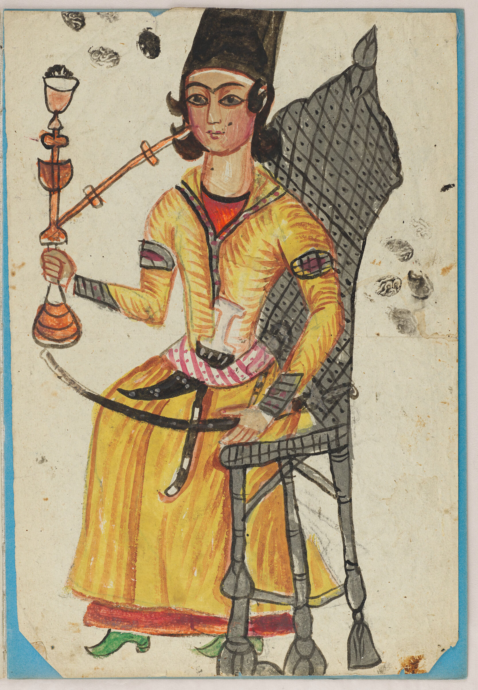 Folio 47 From An Album Of Drawings And Paintings: Man Splitting Wood (Recto); Qajar Youth Seated In A Chair With Waterpipe And Sword (Verso)
