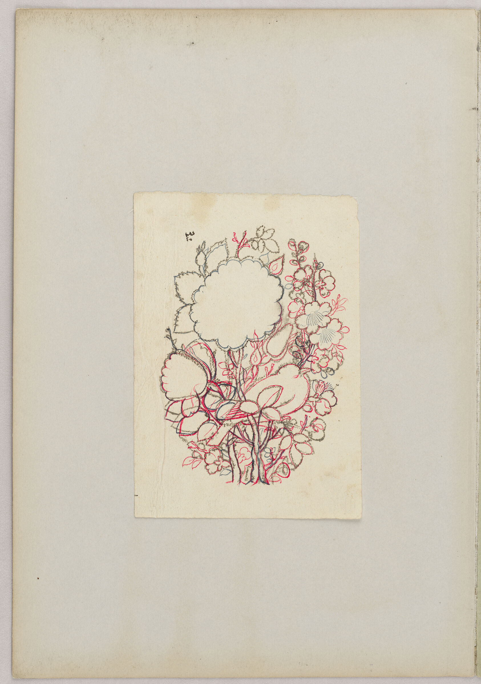 Folio 48 From An Album Of Drawings And Paintings: Bird And Flower Design (Recto); Blank Page (Verso)
