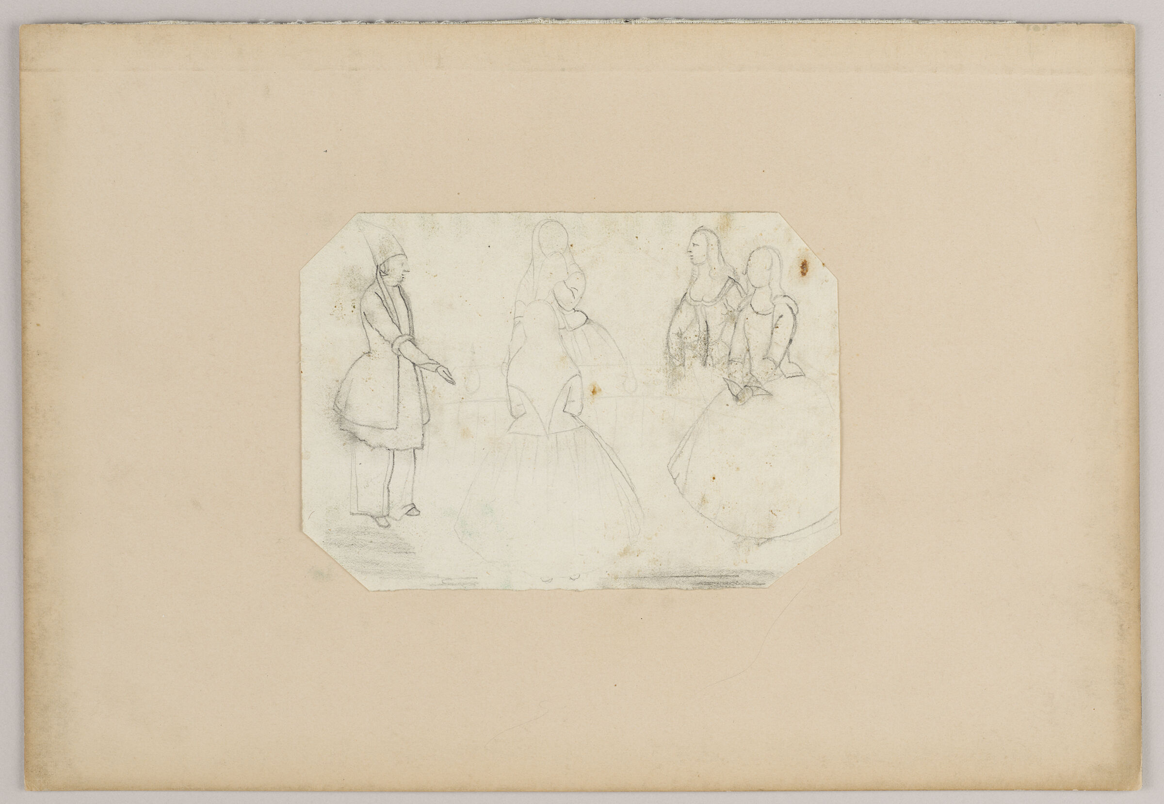 Folio 50 From An Album Of Drawings And Paintings: Sketch Of Qajar Man And Four Women (Recto); Drawing Set Within A Colored Paper Border: Two Women And A Small Child (Verso)