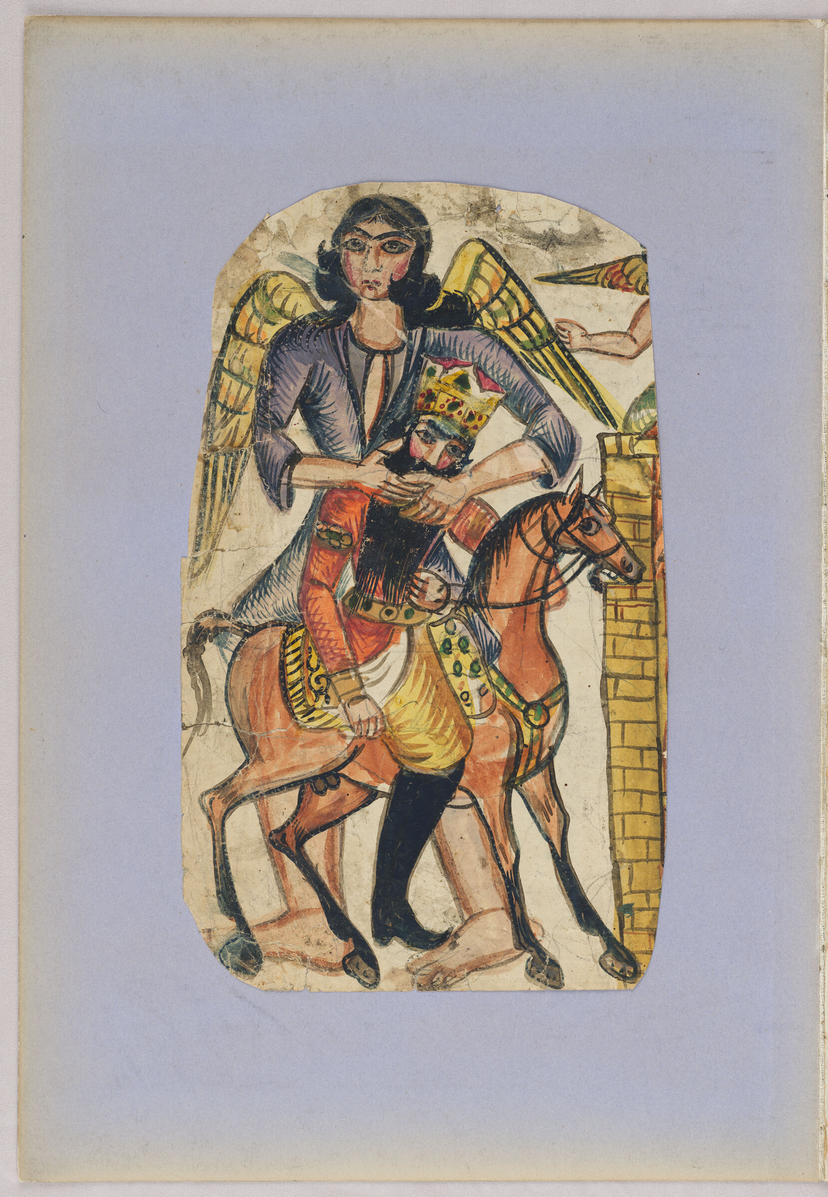 Folio 52 From An Album Of Drawings And Paintings: King On Horseback Embraced By Angel (Recto); Bust Portrait Of A Young Woman, Probably Pourandokht, With Tiara And Headscarves (Verso)